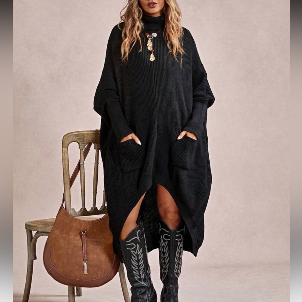 Black Oversized High Cowl
Neck Hi Low Asymmetrical Hem Sweater Dress